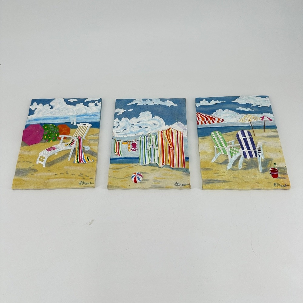Paul Brent Set of 3 Beach Scene 3D Relief Ceramic Wall Plaques Coastal Decor